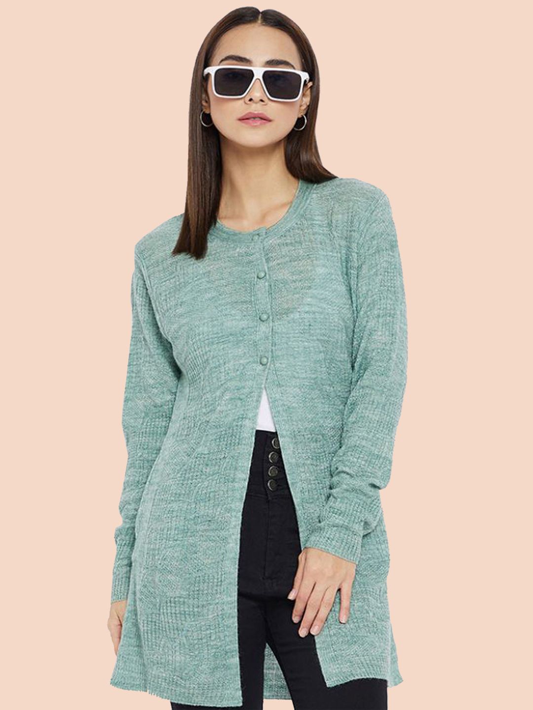 

CLAPTON Women Self-Design Longline Pullover, Turquoise blue