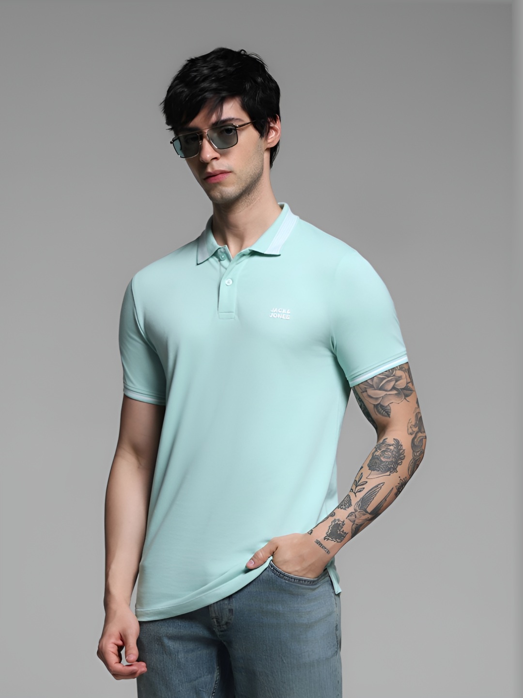 

Jack & Jones Men Solid Polo Collar Cotton Slim Fit T-shirt, Blue