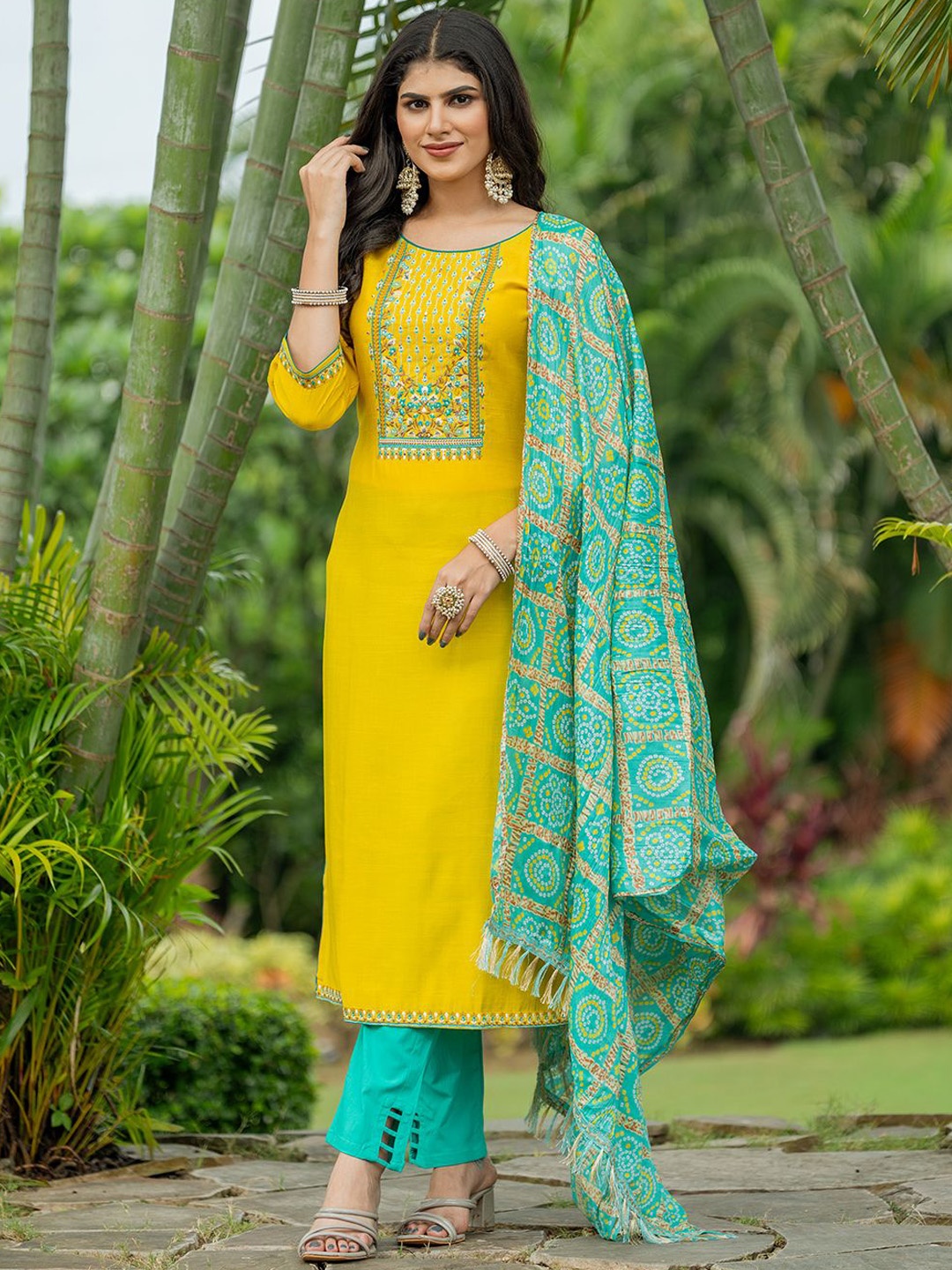 

MITTOO Floral Embroidered Thread Work Kurta with Trouser & Dupatta, Yellow
