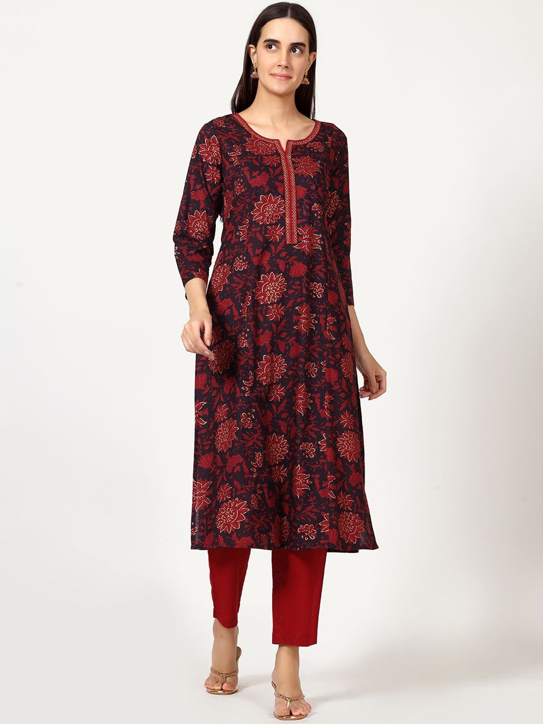 

Saffron Threads Floral Printed Round Neck Pure Cotton Straight Kurta, Red