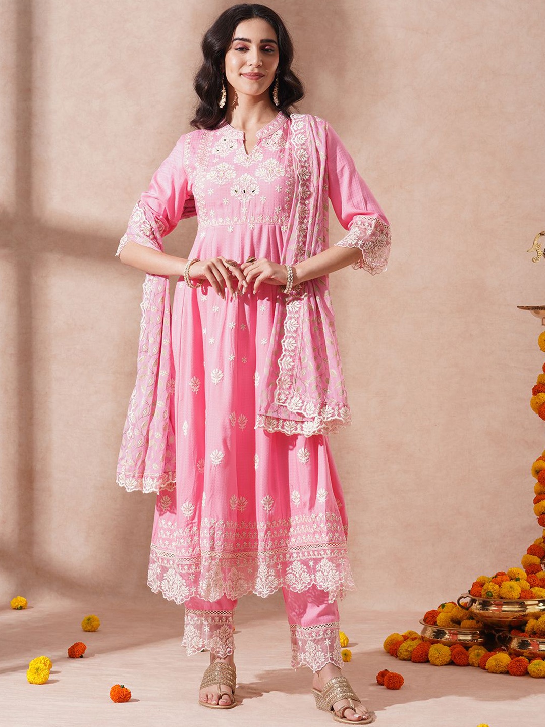 

FASHOR Ethnic Motifs Embroidered Panelled Sequinned Kurta With Palazzos & Dupatta, Pink