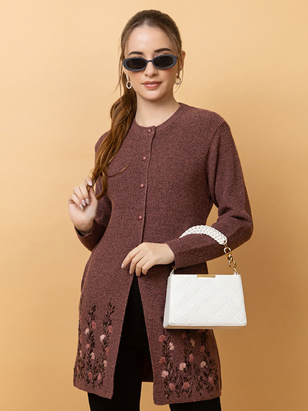 

CLAPTON Women Floral Woollen Longline Cardigan with Embroidered Detail, Coffee brown