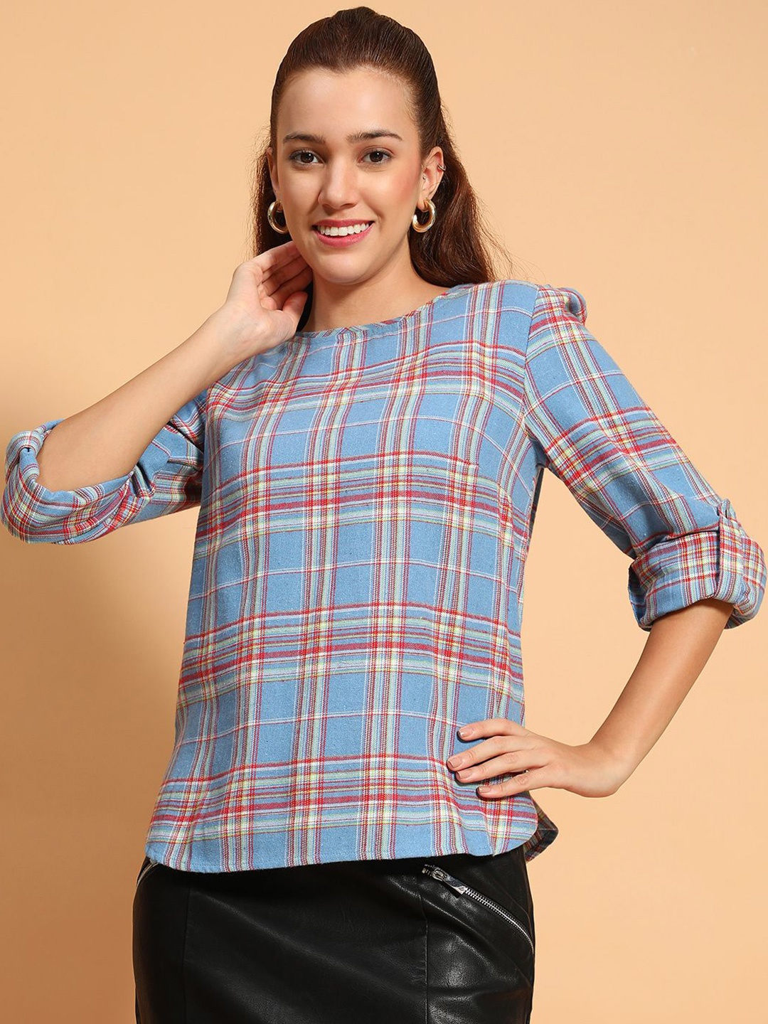 

Oxolloxo Women Cotton Checked Roll-Up Sleeves Top, Blue