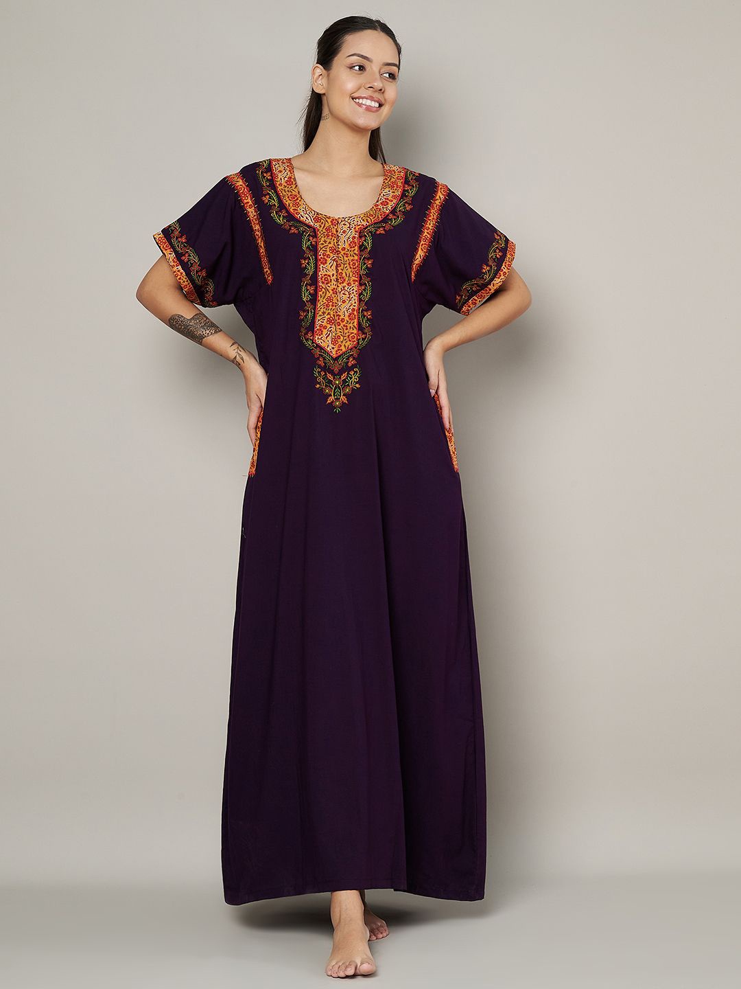 

KOI SLEEPWEAR Women Embroidered Short Sleeves Maxi Nightdress, Purple
