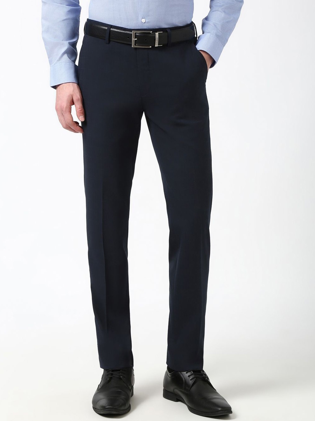 

Peter England Men Checked Slim Fit Formal Trousers, Navy blue