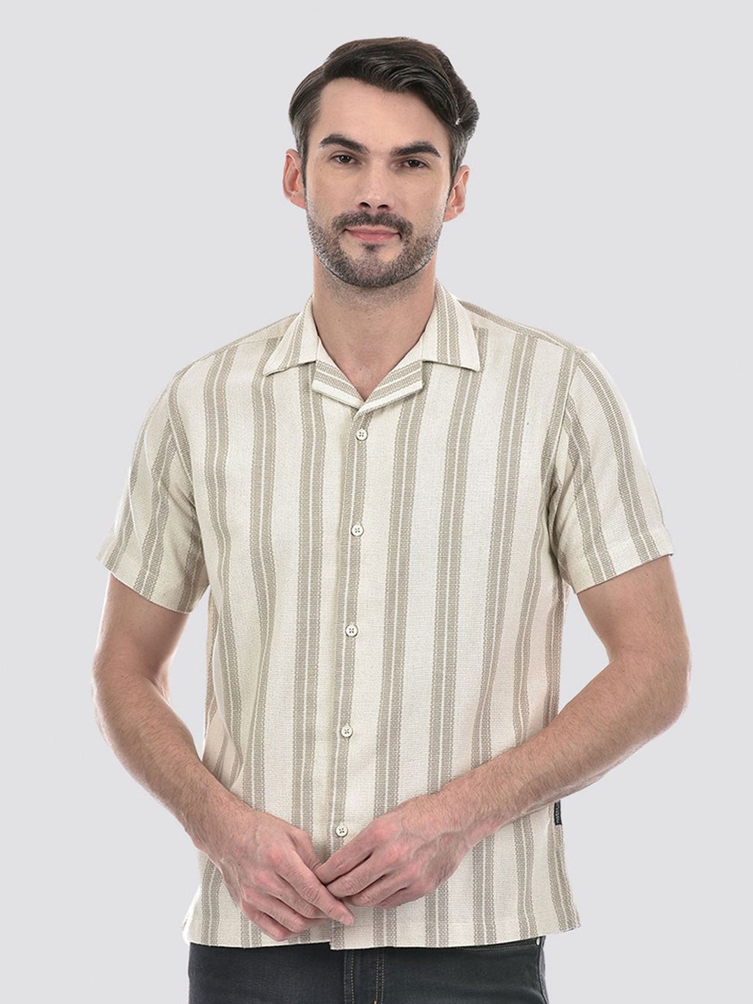 

Numero Uno Men Cuban Collar Multi Striped Casual Shirt, Off white