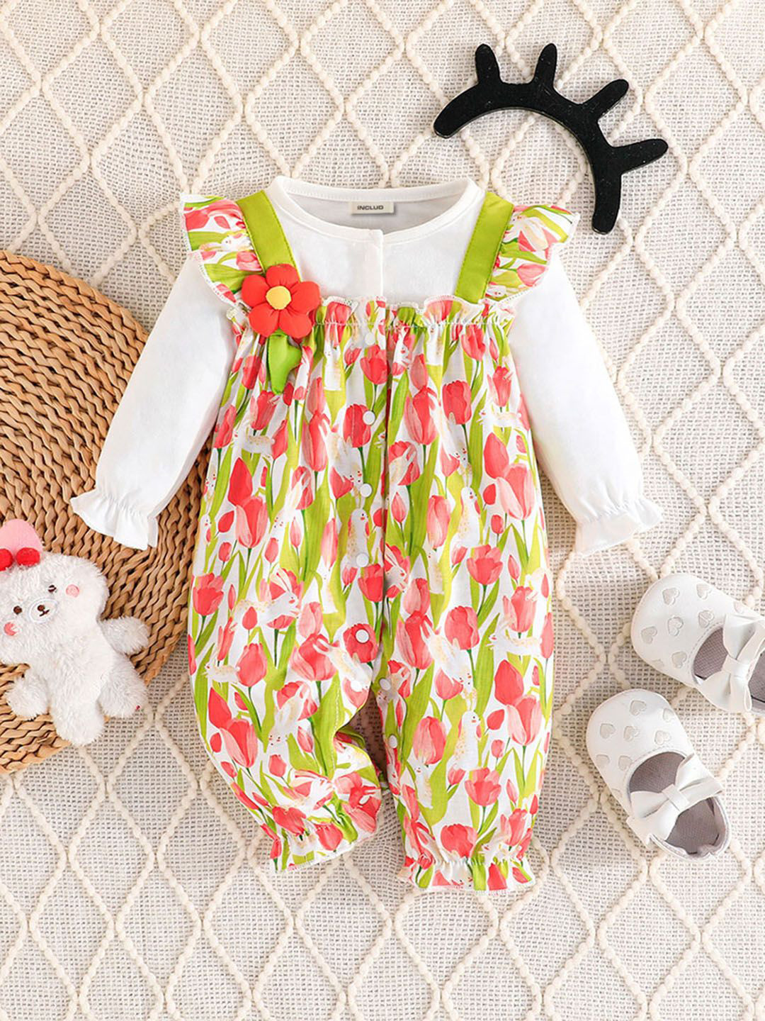 

INCLUD Girls Printed Round Neck Basic Jumpsuit, Green