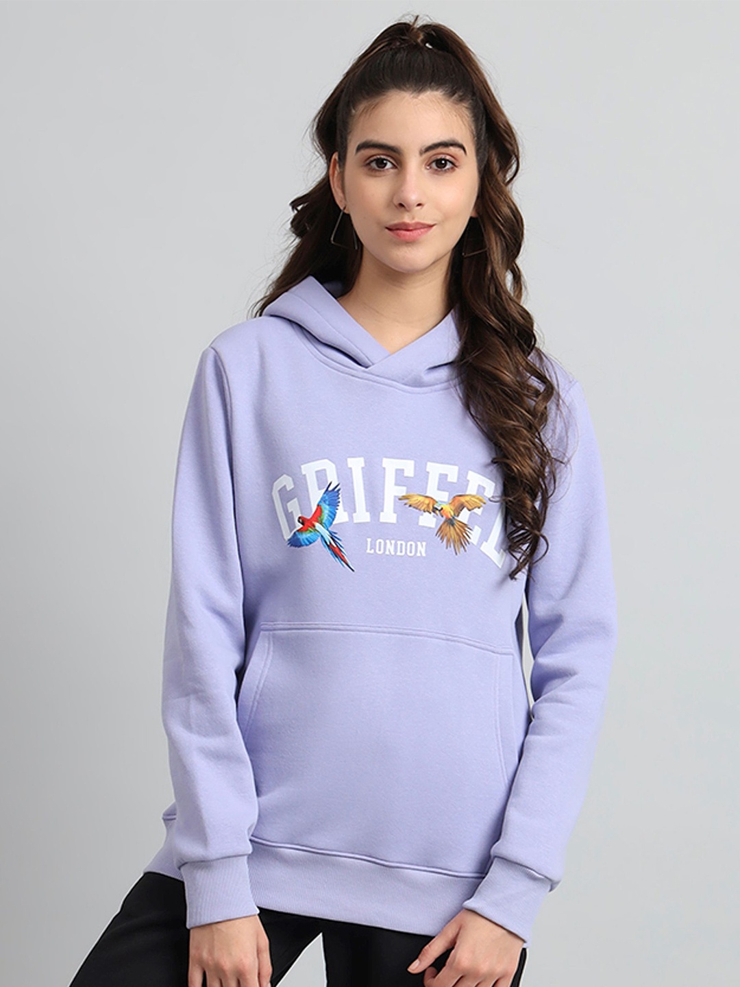 

GRIFFEL Women Alphanumeric Printed Hooded Sweatshirt, Mauve