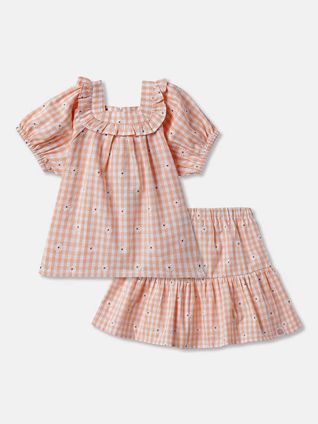 

R&B Girls Checked Square Neck Short Sleeves Pure Cotton Top With Skirt, Pink