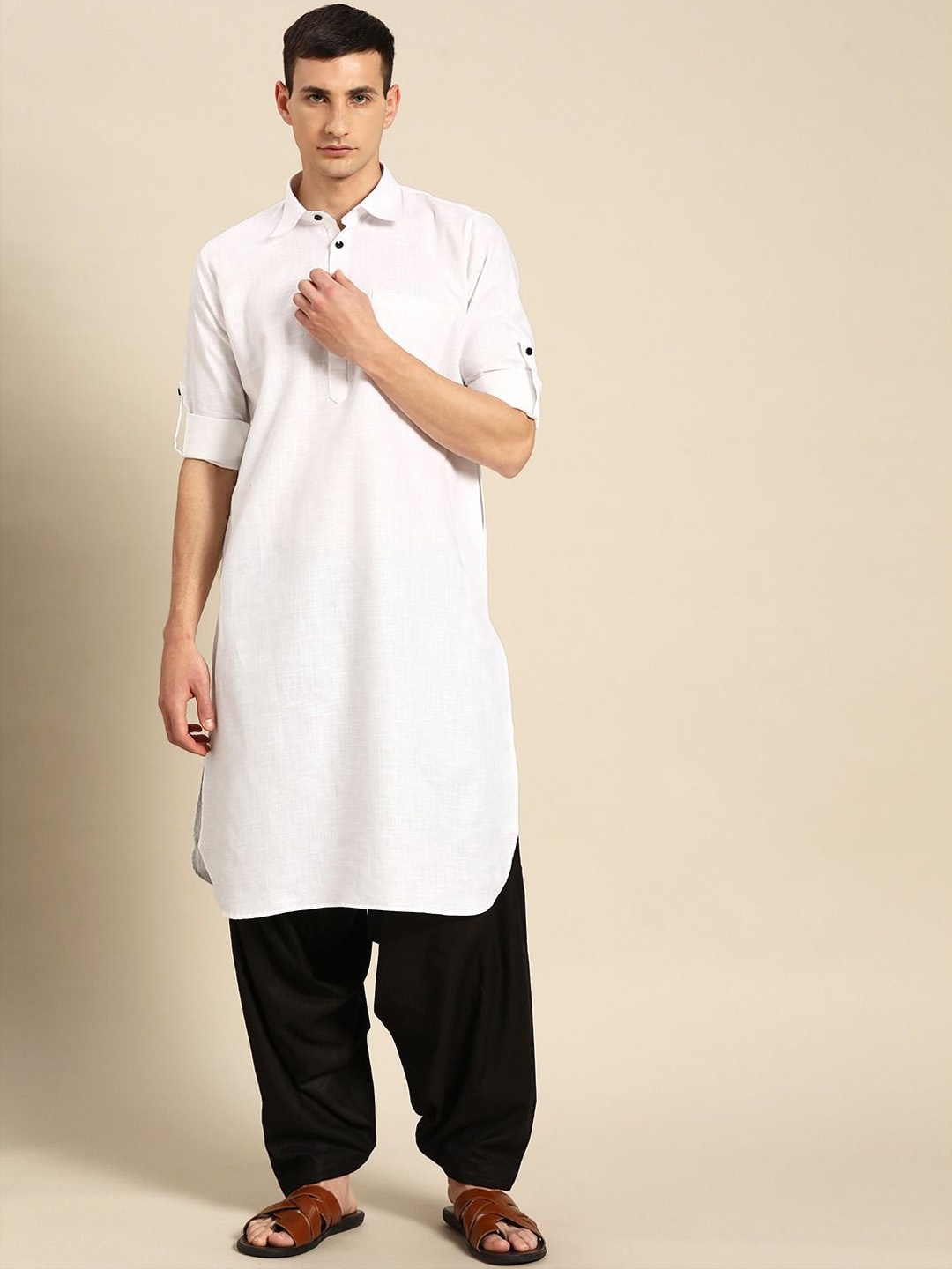 

RAJUBHAI HARGOVINDAS Shirt Collar Long Roll-Up Sleeves Regular Pure Cotton Pathani Kurta, White