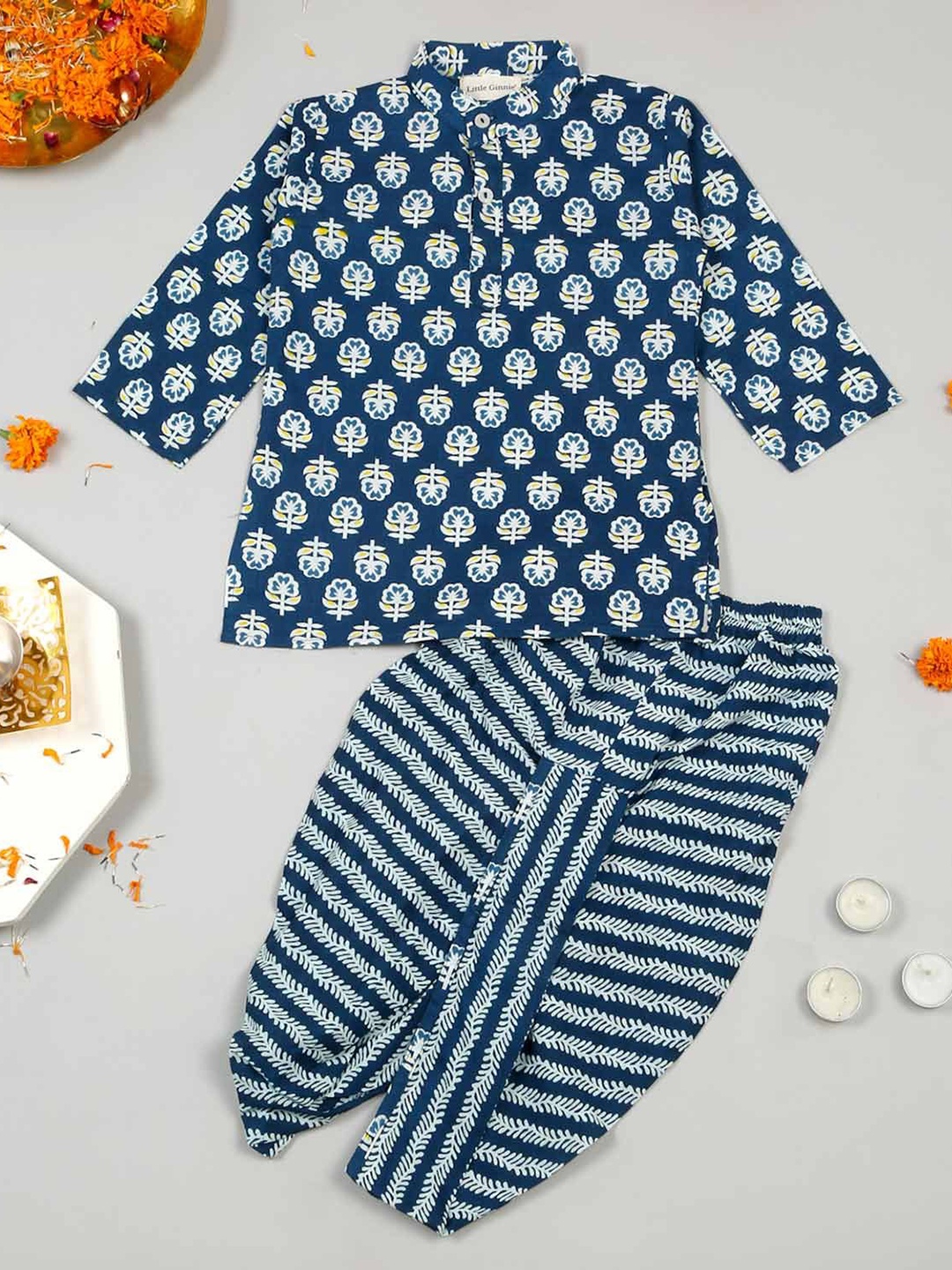 

LITTLE GINNIE Boys Floral Printed Kurta Set with Dhoti Pant, Blue