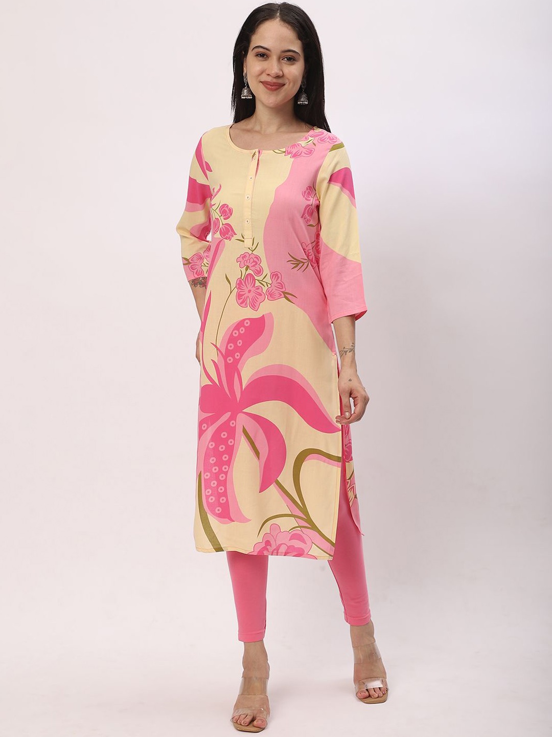 

R&B Floral Printed Straight Kurta, Orange