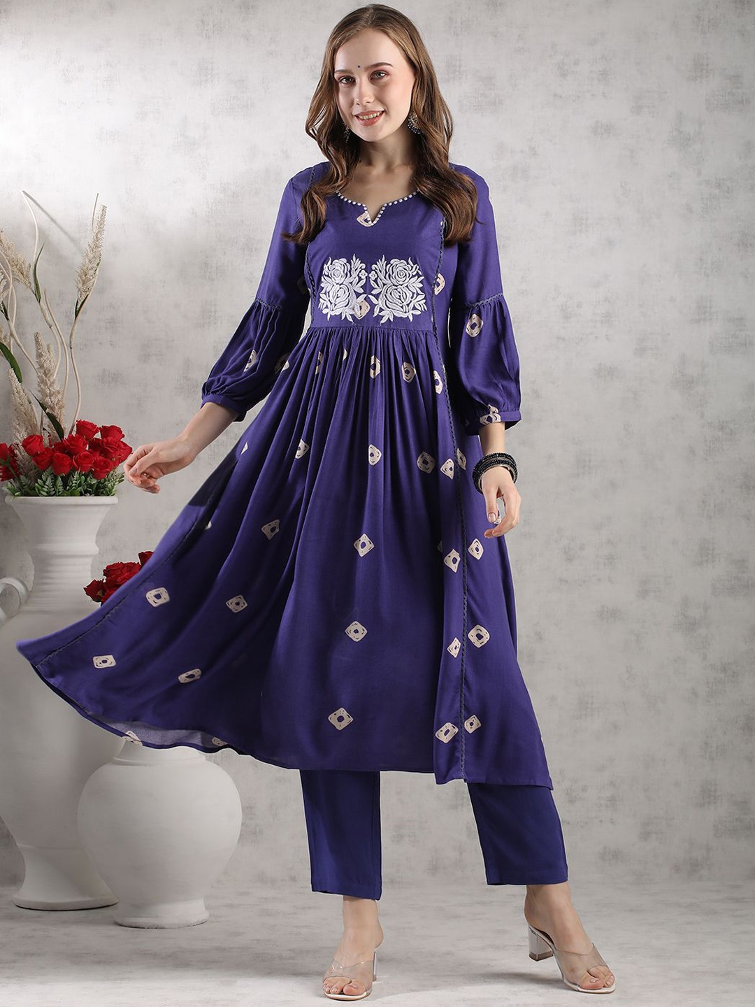 

KALINI Floral Embroidered Notch Neck Thread Work Anarkali Kurta with Trousers, Purple