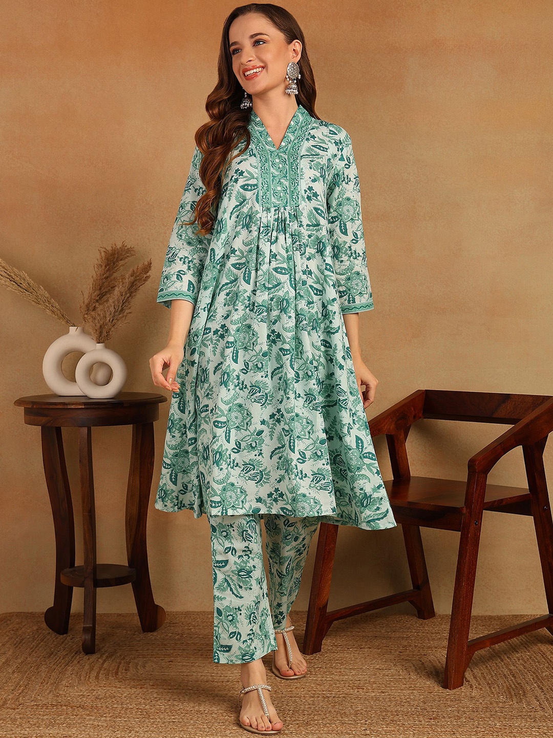 

KALINI Floral Printed Pleated Pure Cotton Kurta with Trousers, Green