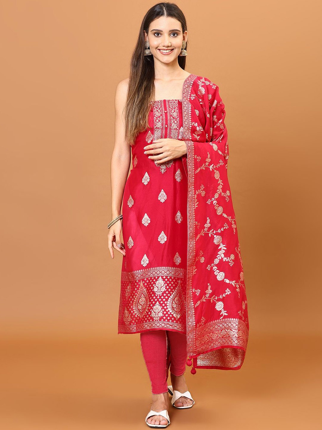 

Meena Bazaar Floral Woven Zari Art Silk Unstitched Dress Material, Pink