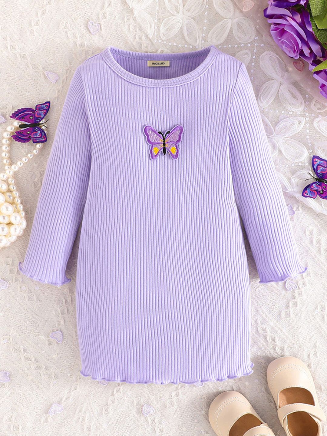 

INCLUD Girls Self Design Butterfly Applique Ribbed Bodycon Dress, Purple