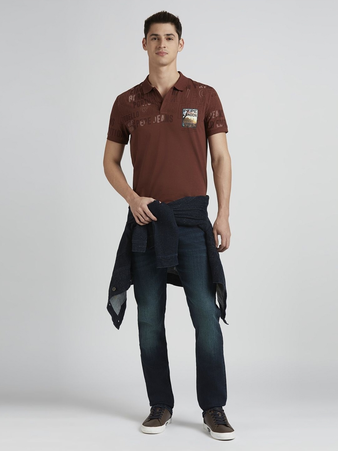 

Pepe Jeans Men Typography Printed Polo Collar Pure Cotton T-shirt, Brown