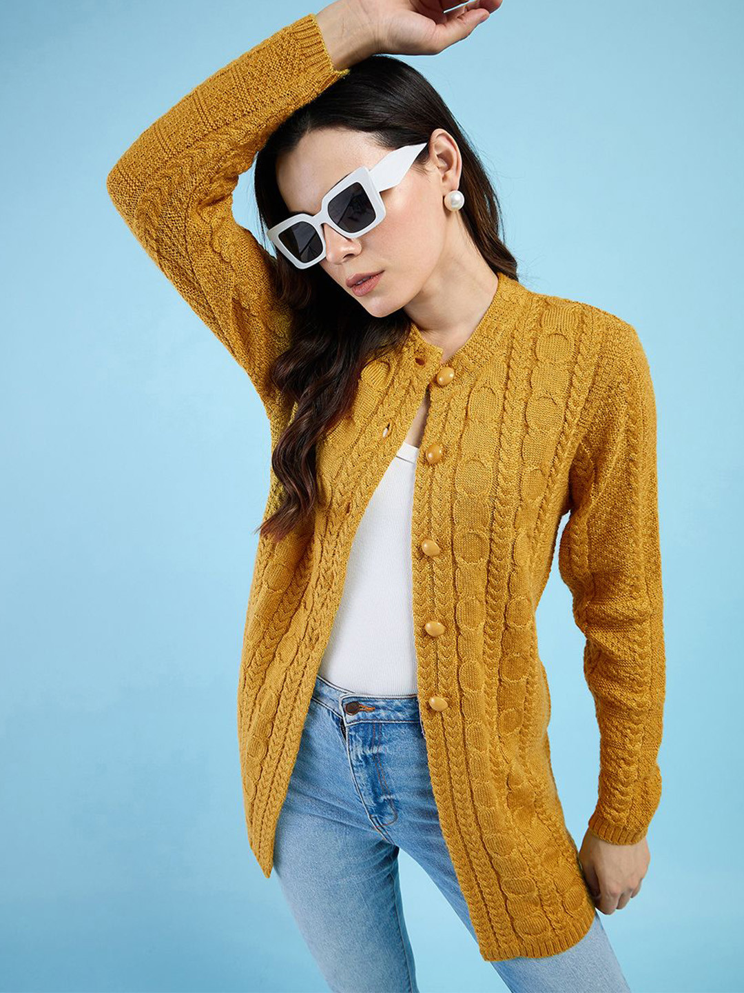 

CLAPTON Cable Knit Woollen Longline Long Sleeves Cardigan, Mustard