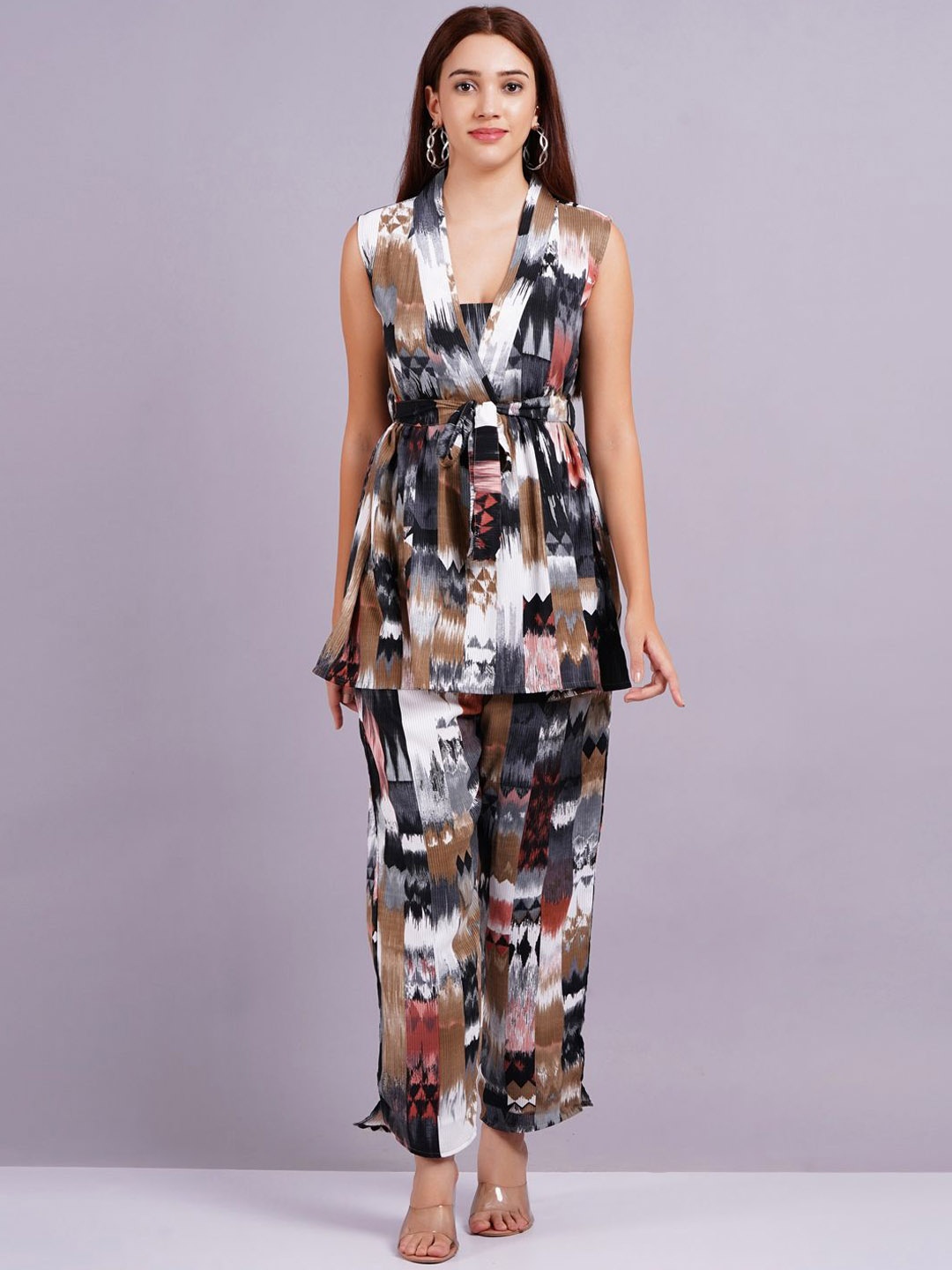

KALINI Printed V-Neck Top & Trousers, Black