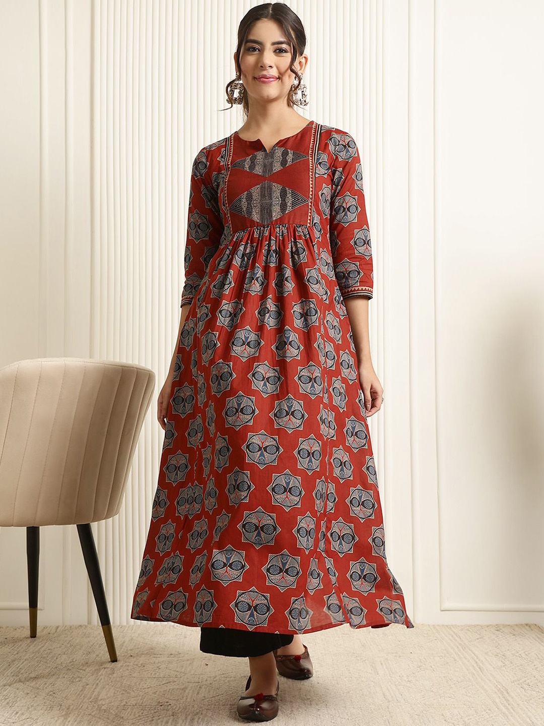 

KIMAYRA Ethnic Motifs Printed Notch Neck Cotton A-Line Kurta, Maroon