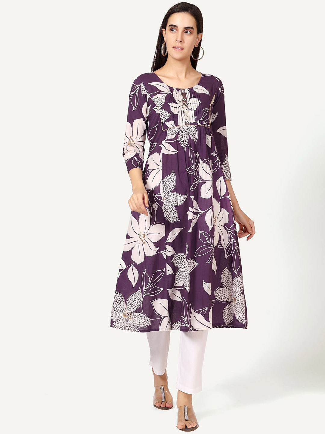 

Saffron Threads Floral Printed Pure Cotton A-Line Kurta, Purple