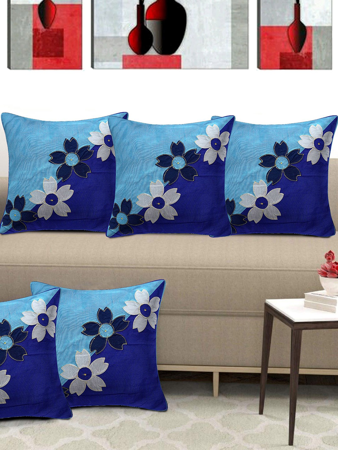 

Creeva Blue & White 5 Pieces Floral Embroided Silk Square Cushion Covers