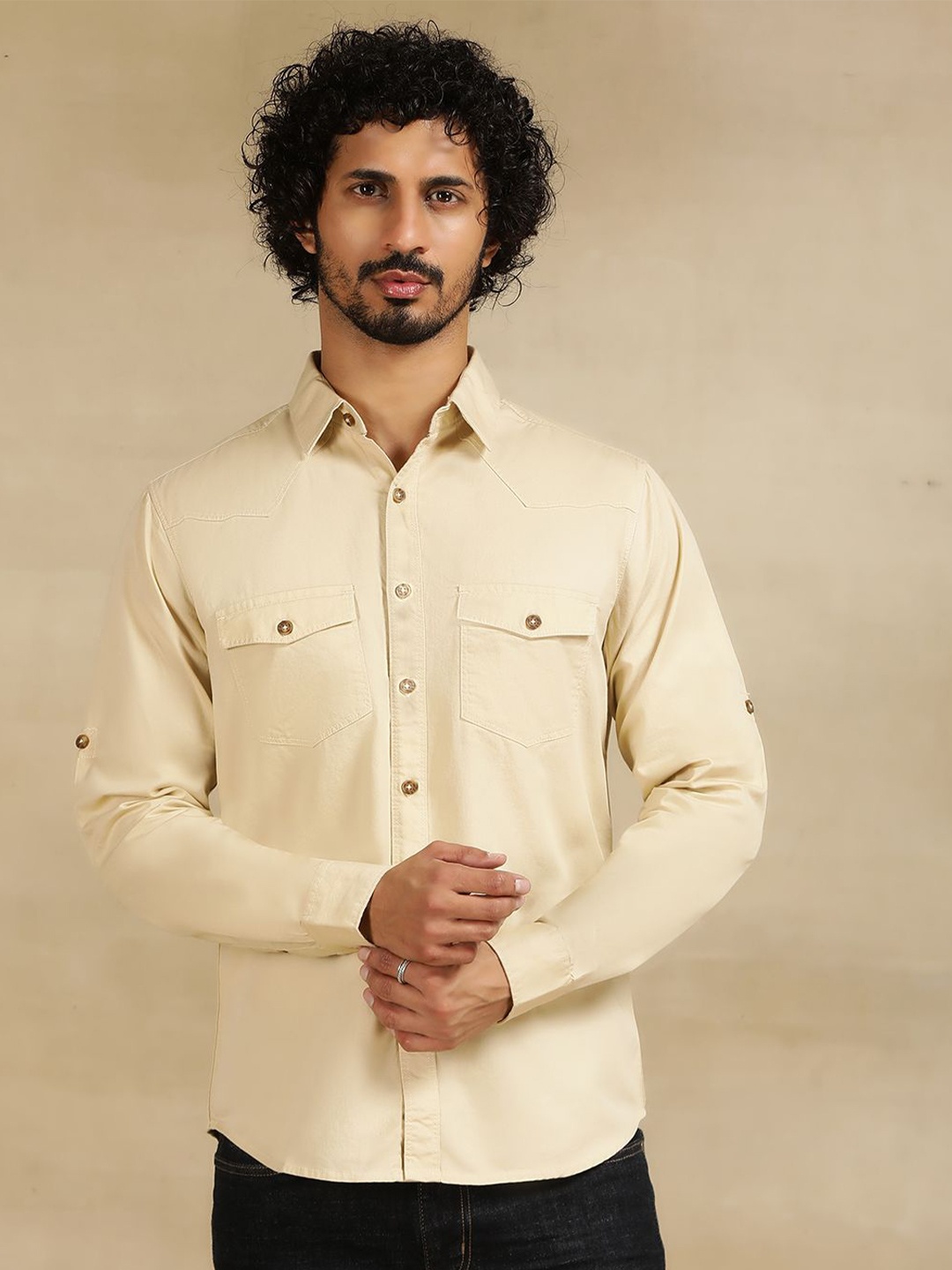 

JADE BLUE Men Cutaway Collar Solid Cotton Casual Shirt, Beige