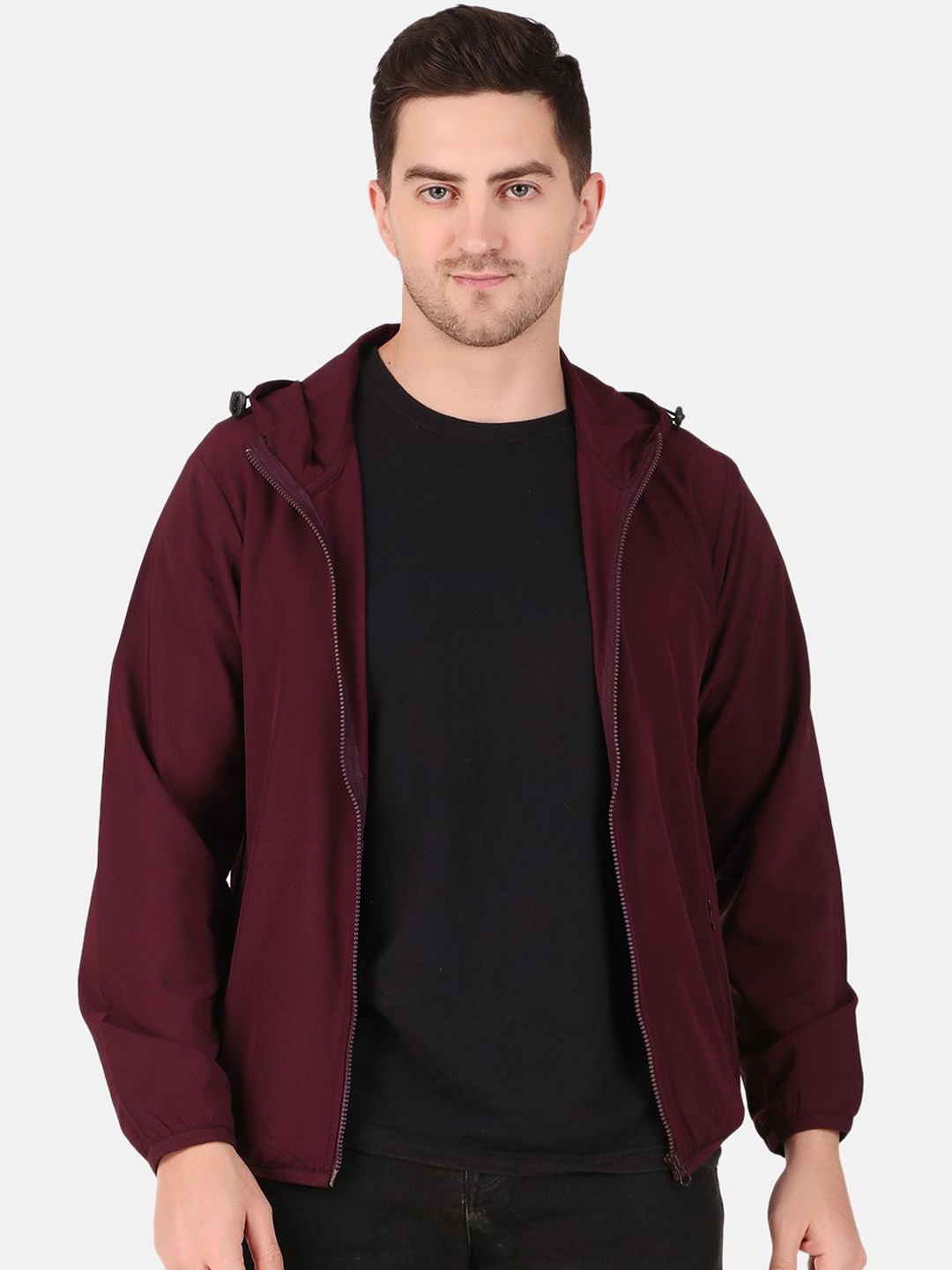 

WELL QUALITY Men Hooded Solid Casual Bomber Jacket, Maroon