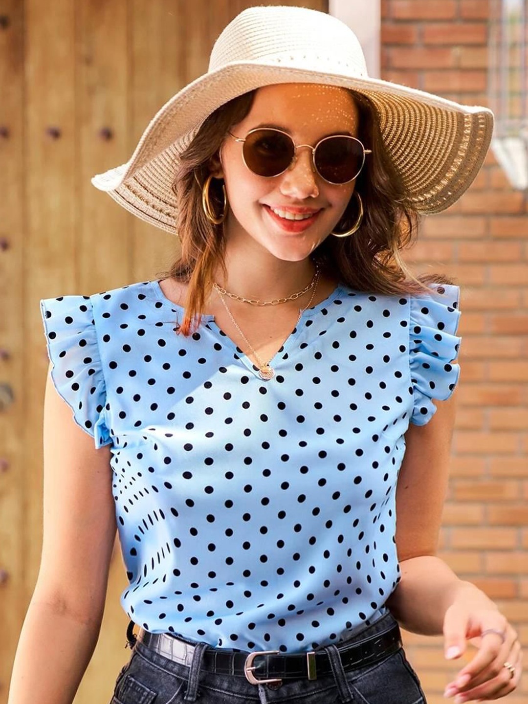 

Kotty Polka Dot Printed Flutter Sleeve Top, Blue