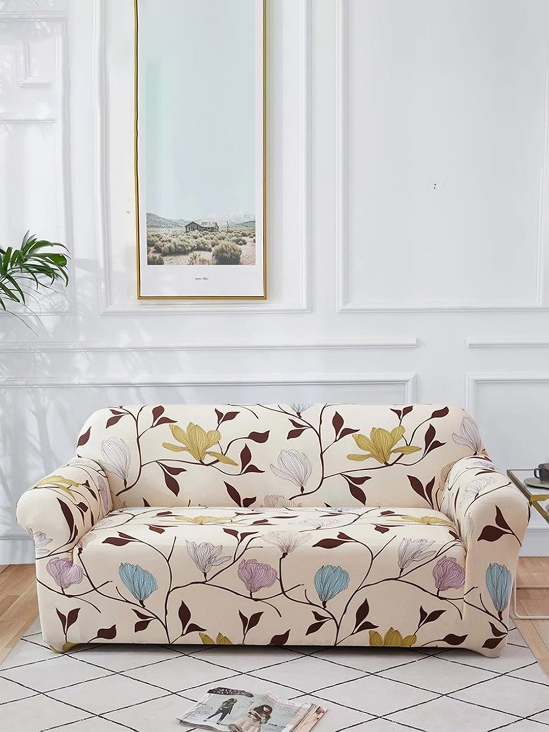 

Furshine Beige & Blue 1 Piece Floral Stretchable Tie String Sofa Cover With Arms