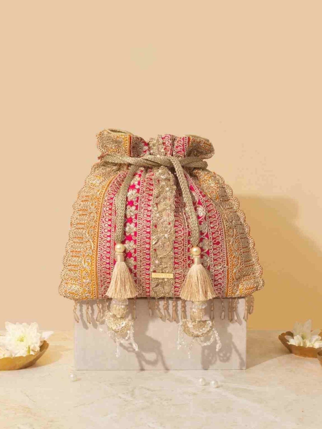 

AMYRA Women Ethnic Motifs Printed Structured Handheld Bag, Beige