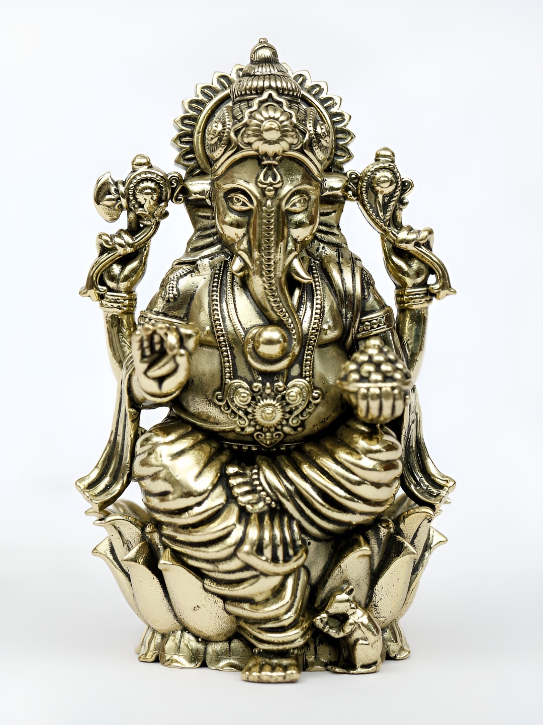 

Exotic India Brass Chaturbhuja Lord Ganesha Seated on Lotus Statue, Gold