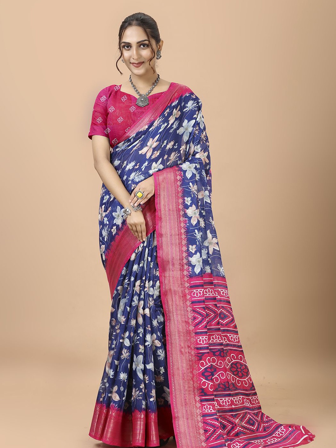 

NIRMAL CREATION Women Floral Printed Woven Design Zari Saree, Navy blue