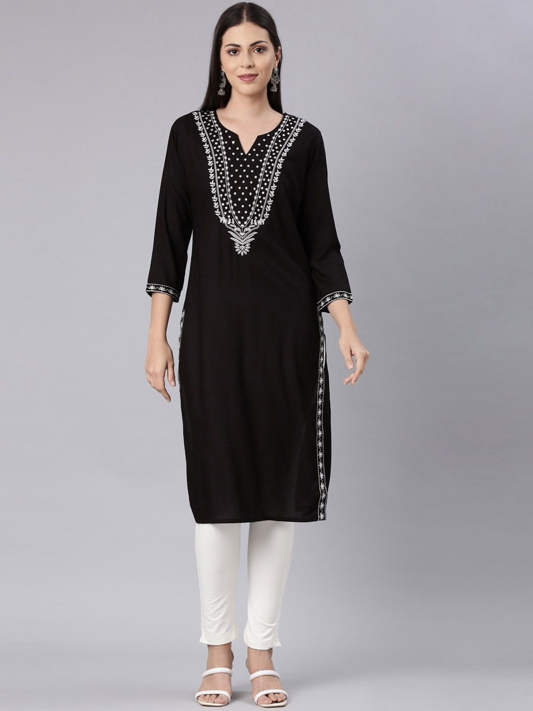 

Neerus Floral Embroidered Notched Neck Straight Kurta, Black