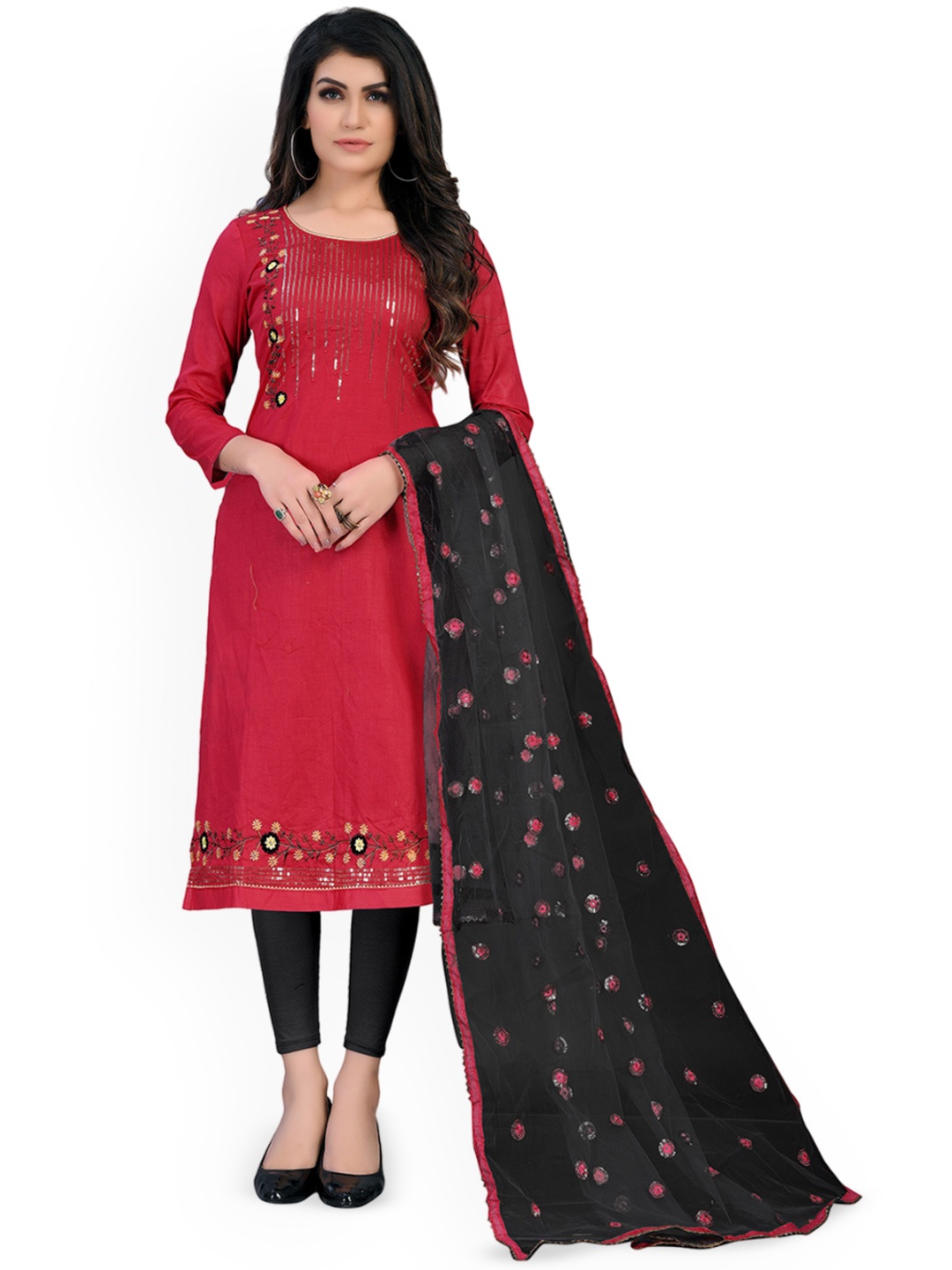 

Maroosh Floral Embroidered Sequinned Glaze Cotton Unstitched Dress Material, Red