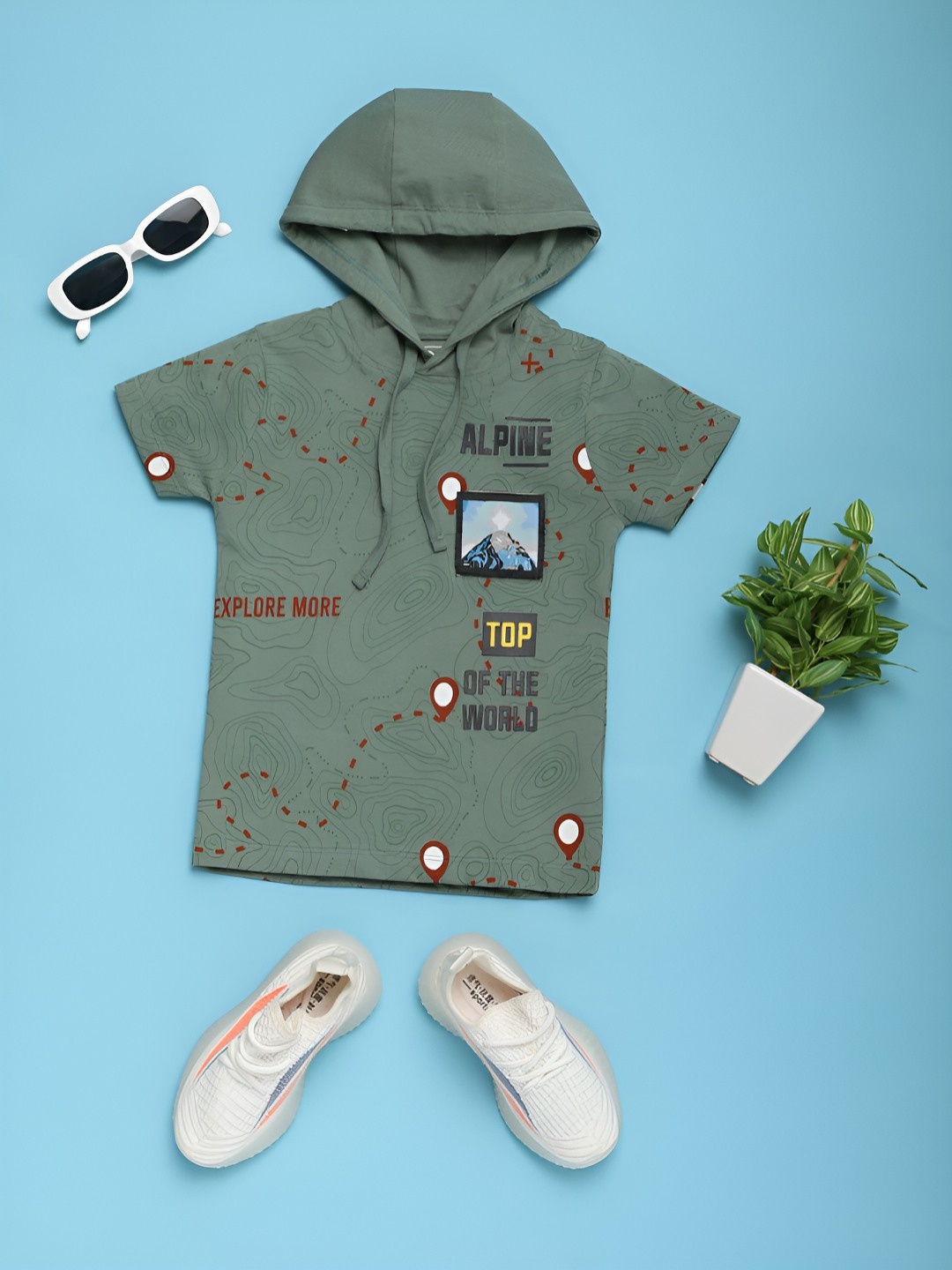 

V-Mart Boys Typography Printed Hood Cotton T-shirt, Olive