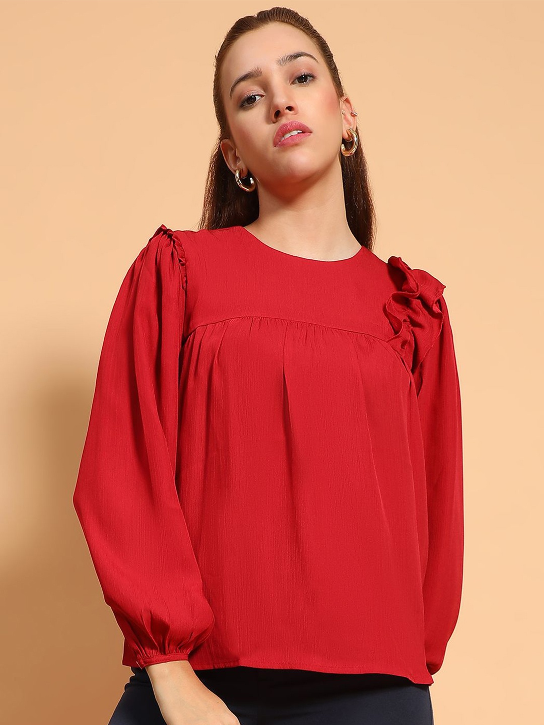 

Oxolloxo Women Puff Sleeves Top, Red