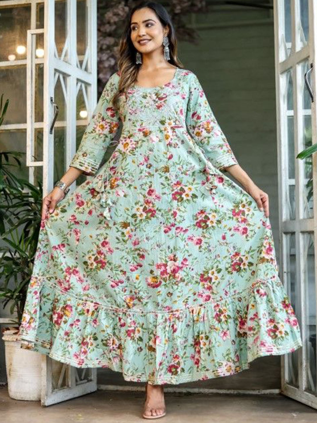 

AAYUMI Floral Printed Pure Cotton Fit and Flare Maxi Ethnic Dress, Green
