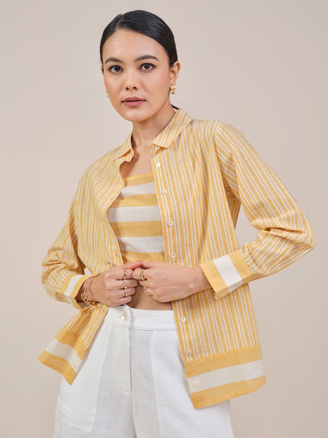 

AND Women Cotton Vertical Stripes Shirt Style Top, Yellow