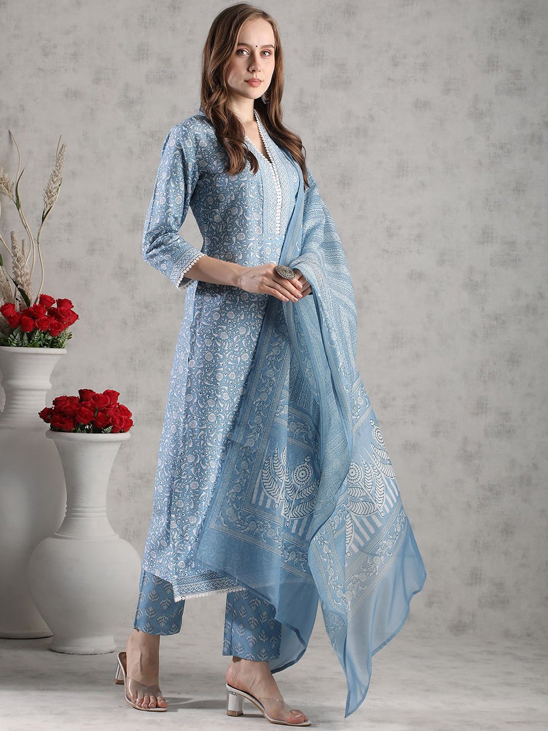 

Anni Designer Floral Printed Regular Straight Kurta with Trousers & Dupatta, Blue