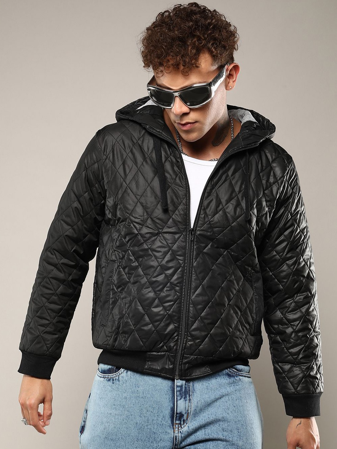 

Campus Sutra Men Hooded Solid Casual Quilted Jacket, Black