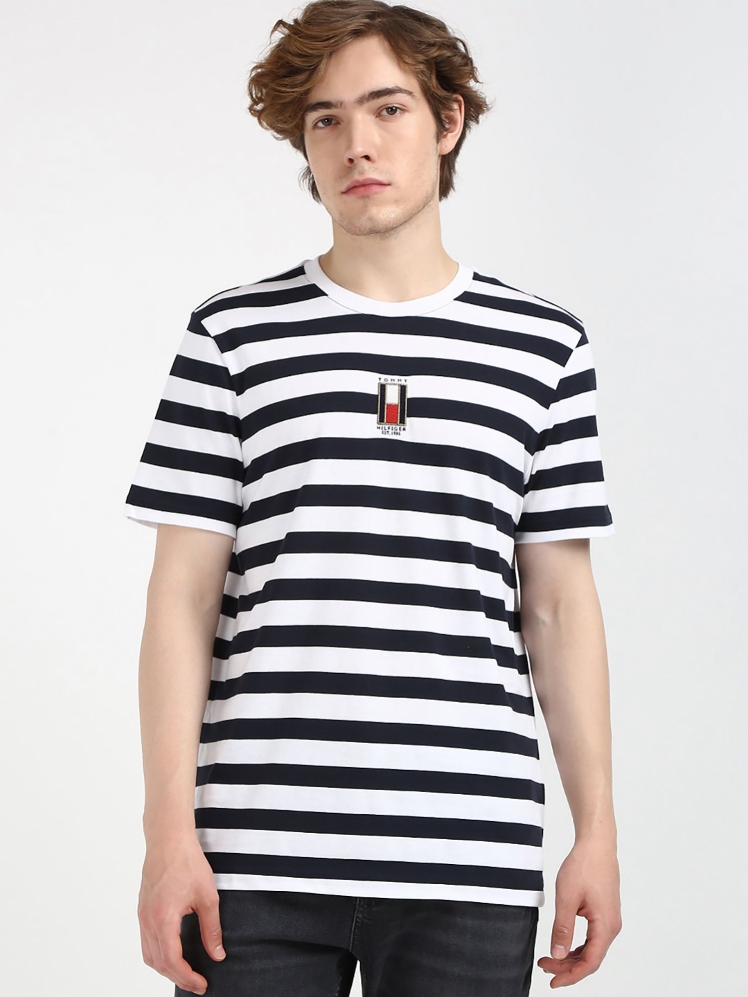 

Tommy Hilfiger Men Striped Round Neck Cotton T-shirt, White