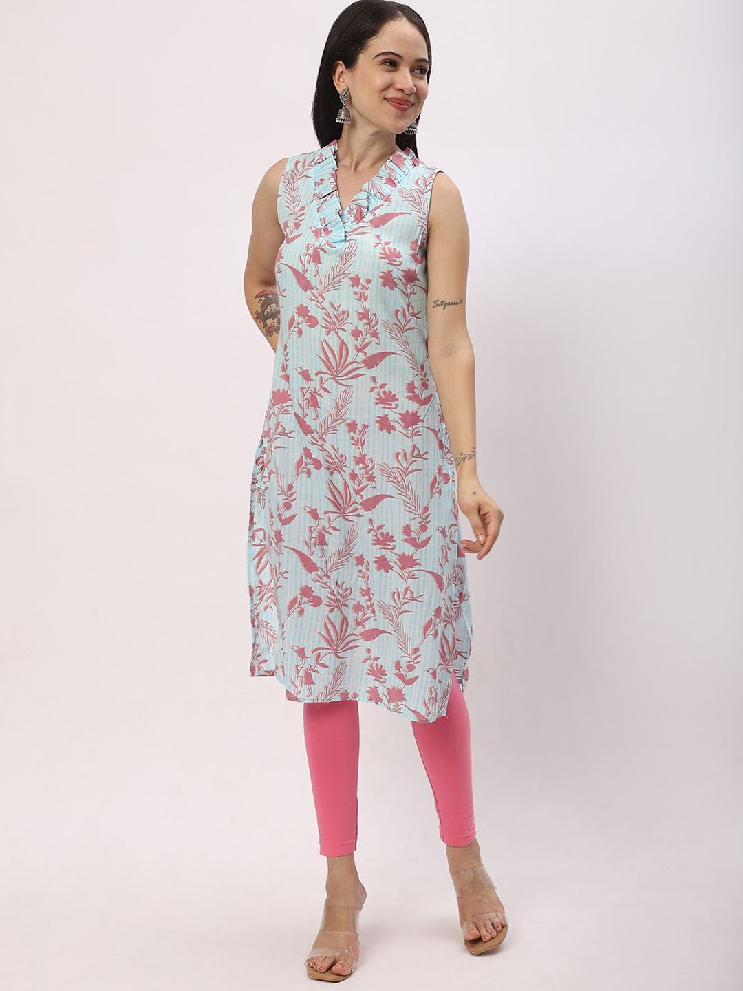 

R&B Floral Printed Sleeveless Straight Kurta, Blue
