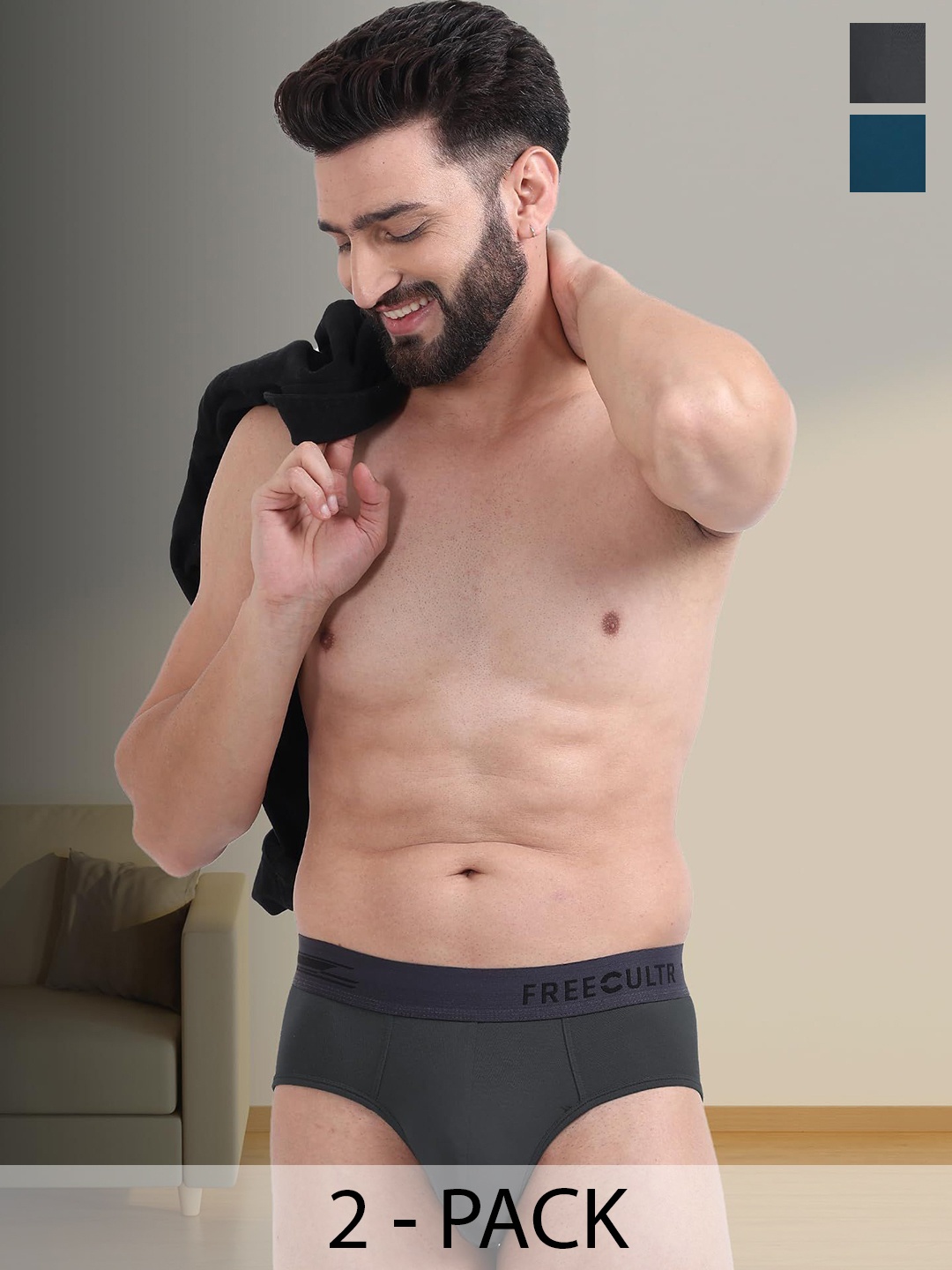 

FREECULTR Men Pack Of 2 Anti Bacterial Ribbed Basic Briefs, Grey