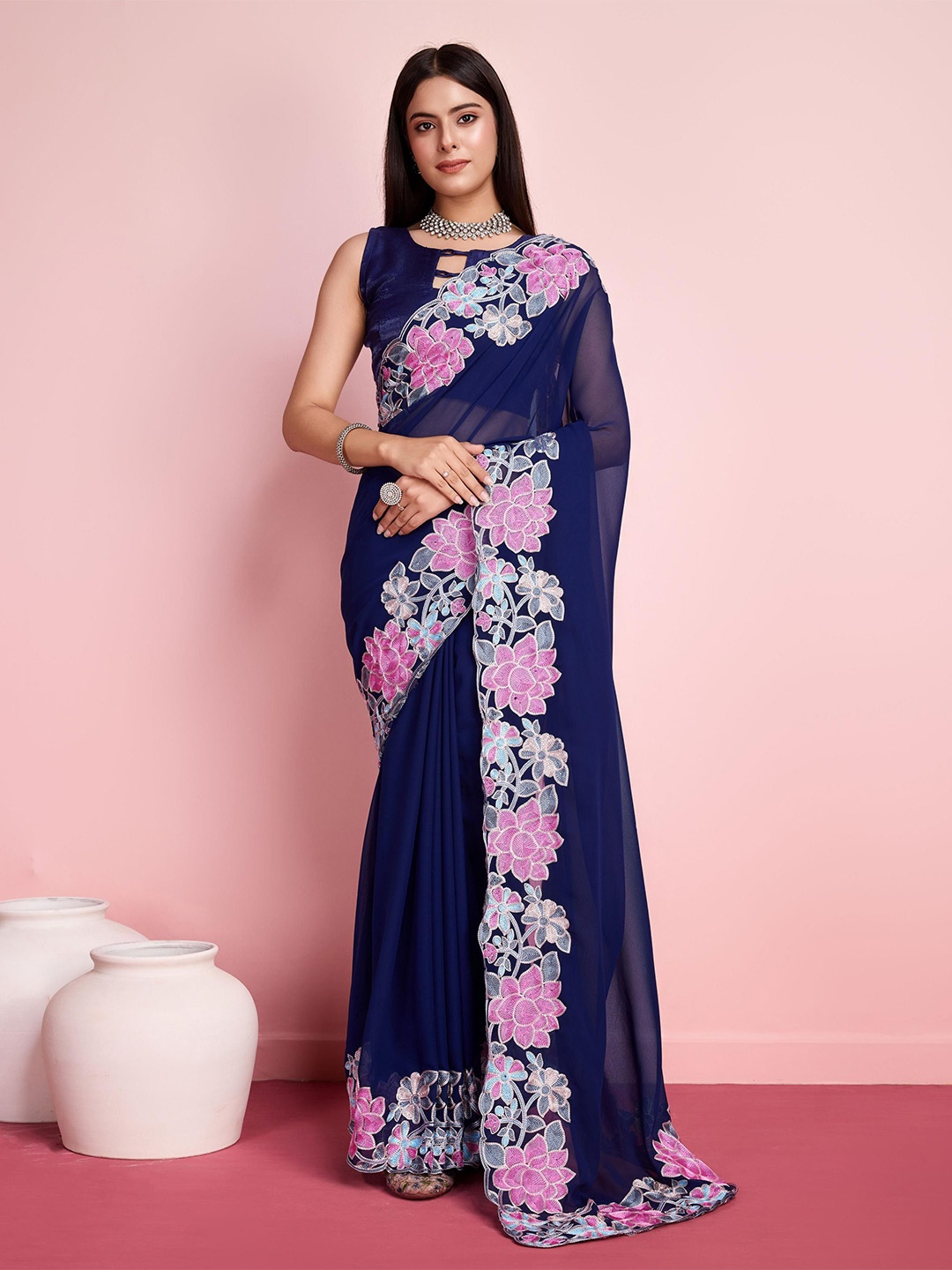 

VAIRAGEE Floral Embroidered Ready to Wear Saree, Blue