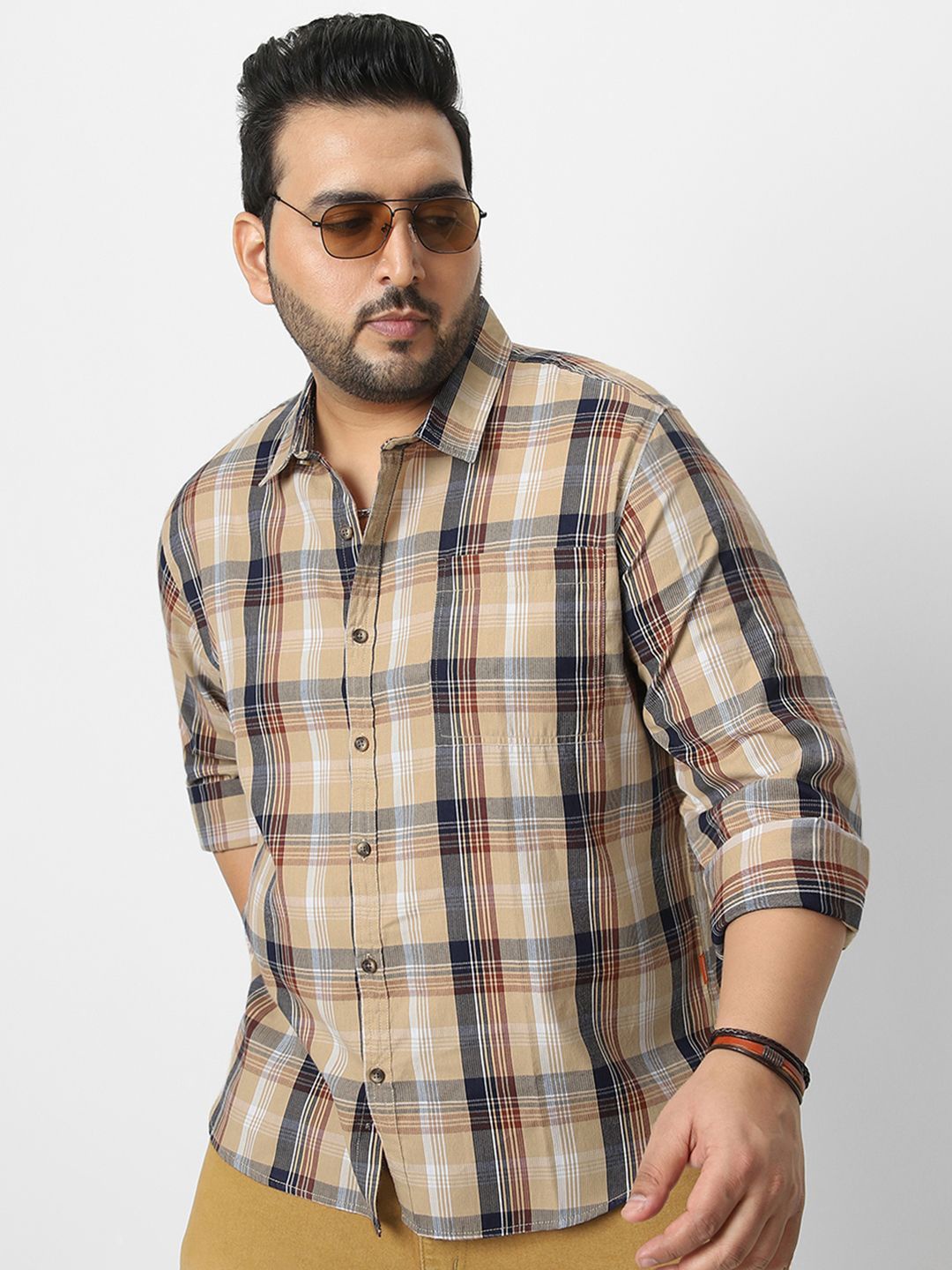 

Urbano Plus Men Plus Size Spread Collar Checked Cotton Casual Shirt, Beige