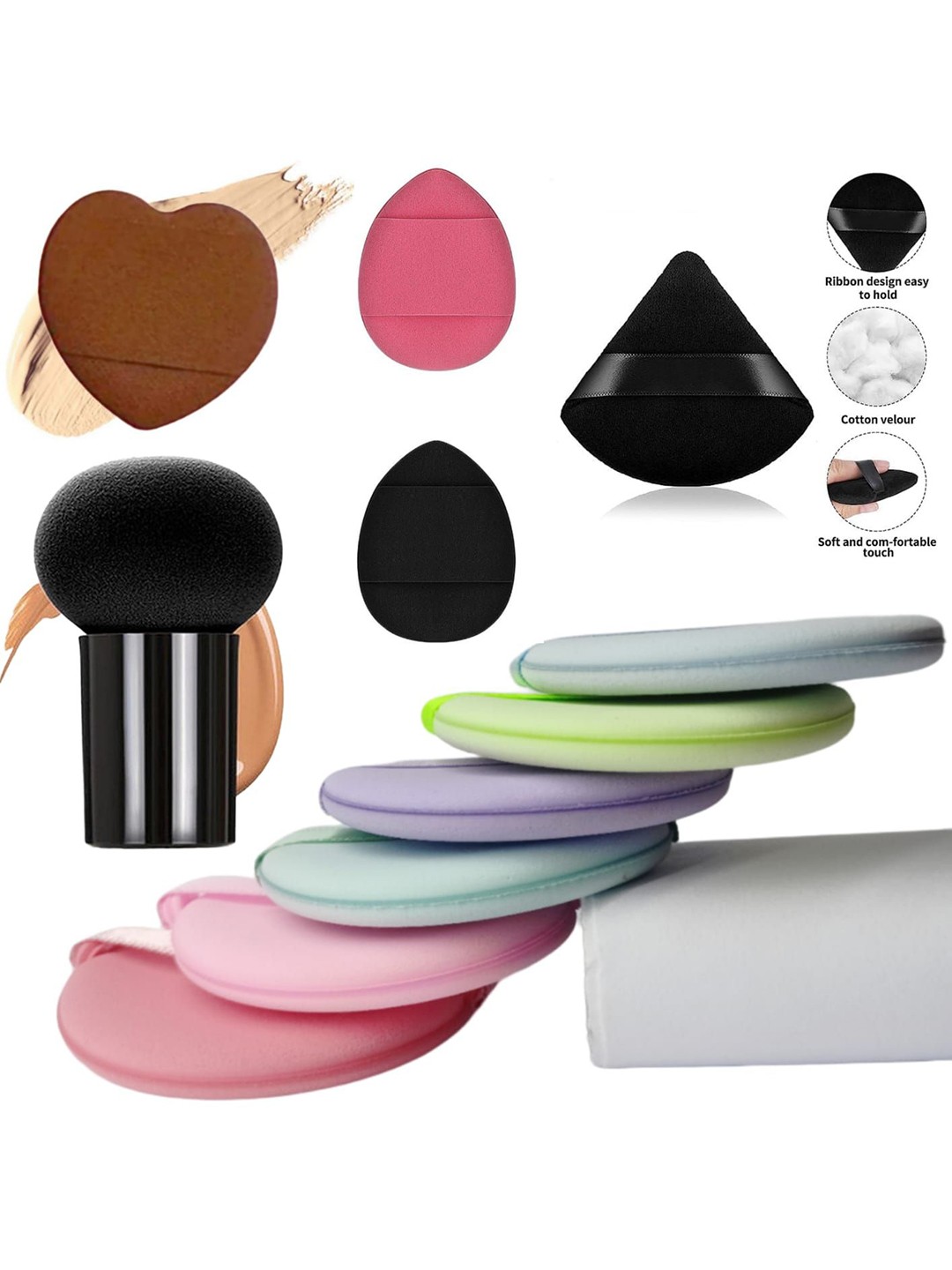 

Facejewel Set Of 11 Powder Puff, Mini Heart Puff, Triangle, Finger & Mushroom Puff, Black