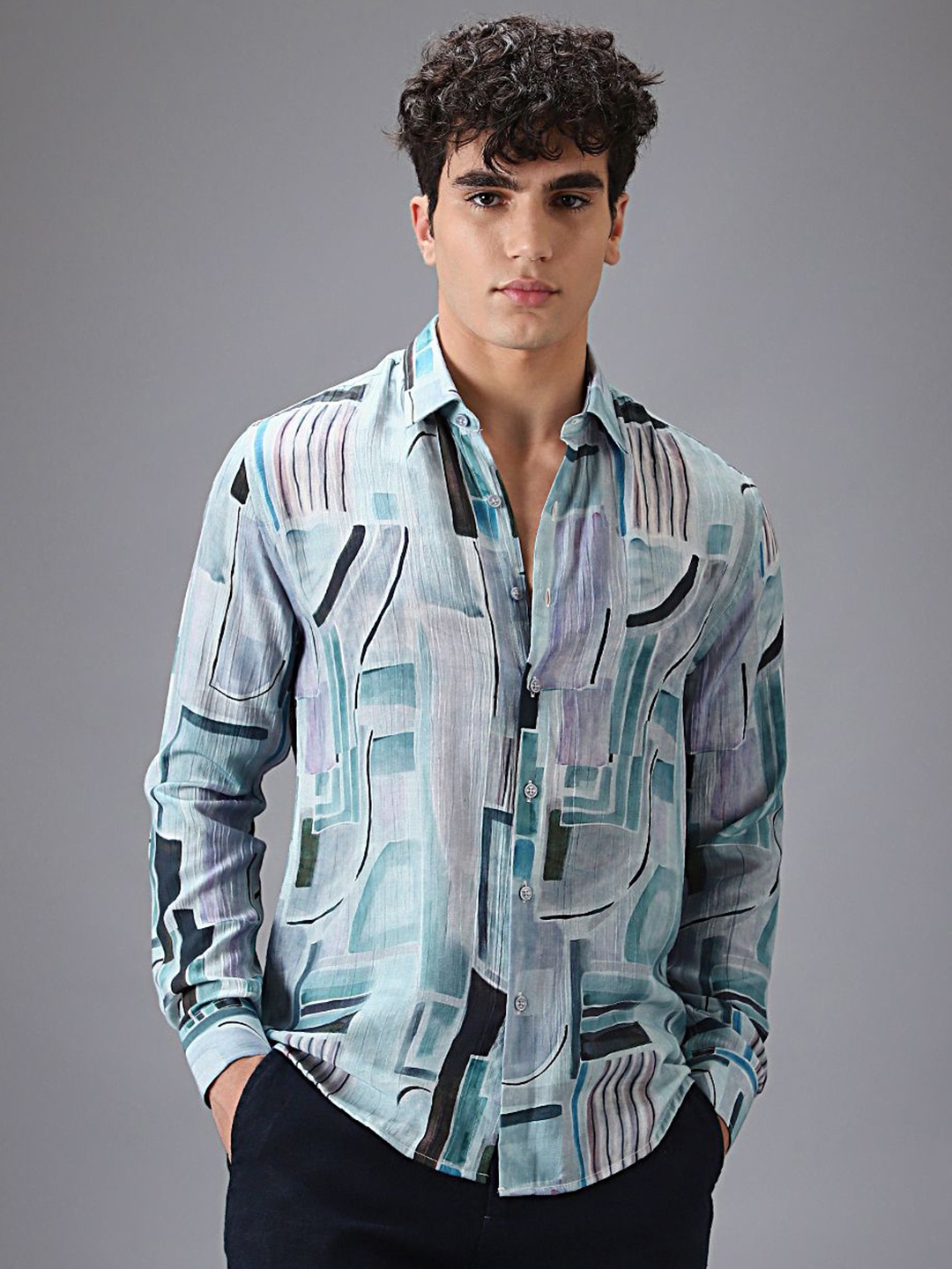 

Banana Club Men Classic Slim Fit Semi Sheer Printed Casual Shirt, Blue