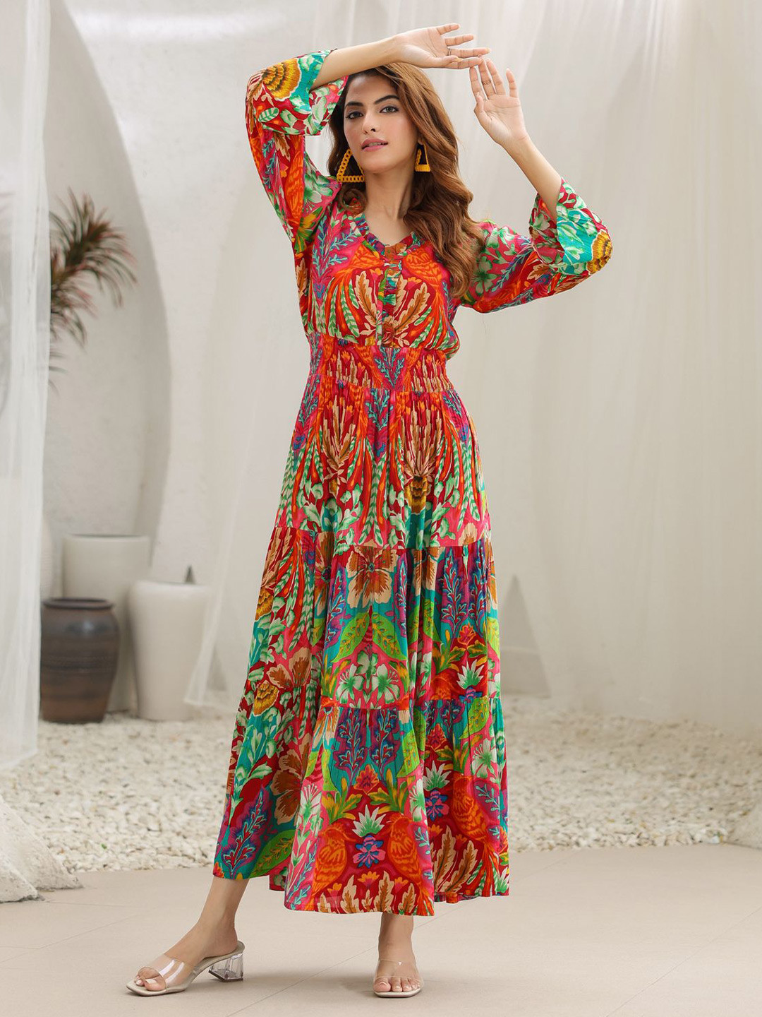 

Rain & Rainbow Women Abstract Printed Fit & Flare Maxi Ethnic Dress, Red
