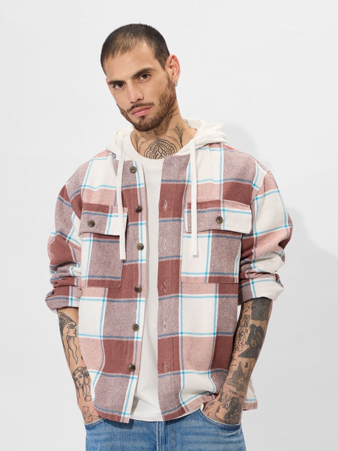 

The Souled Store Men Hood Buffalo Checked Cotton Oversized Casual Shacket, Red
